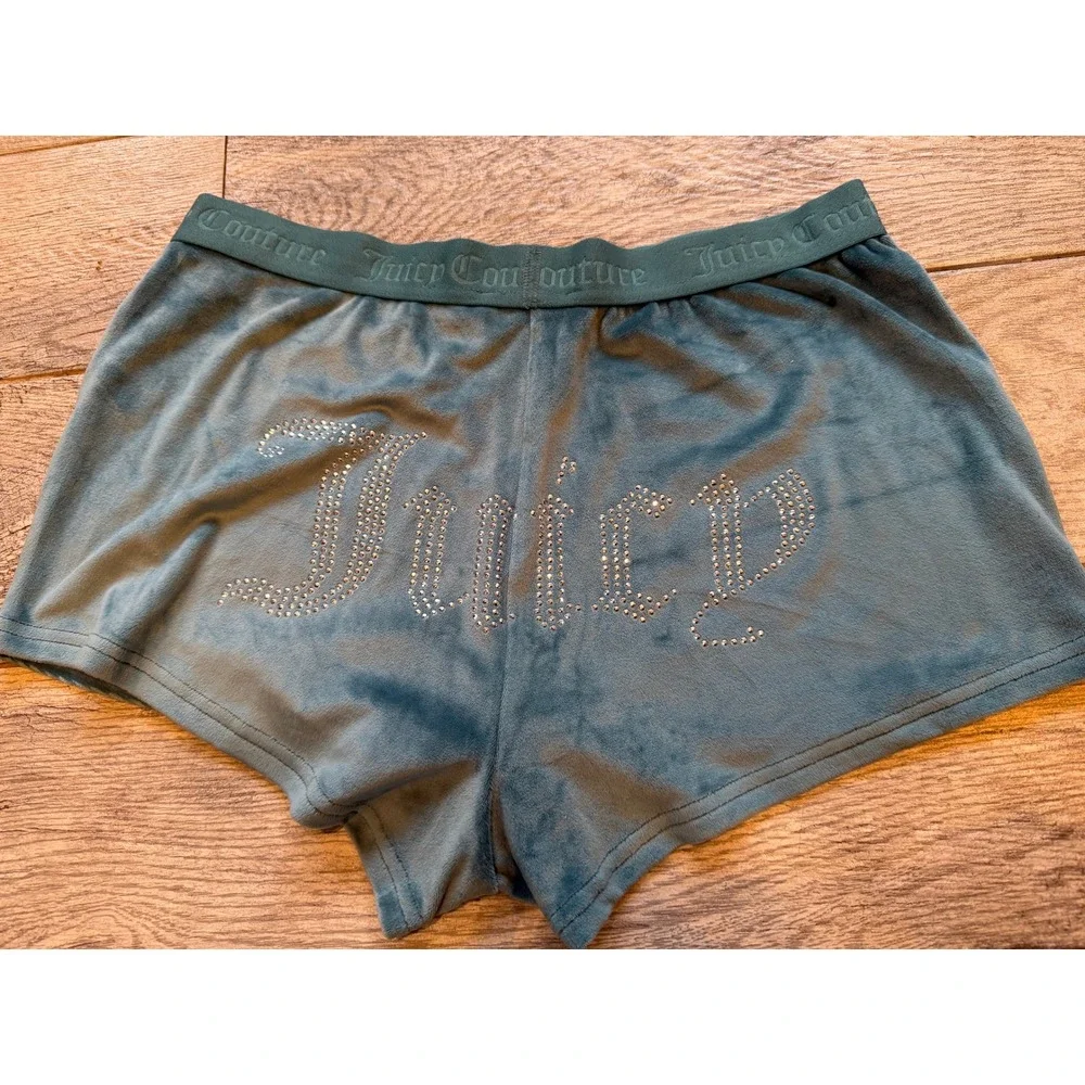 Juicy Couture Velour Sleep Shorts Womens Medium Teal Excellent Rhinestone Y2K - Picture 9 of 11